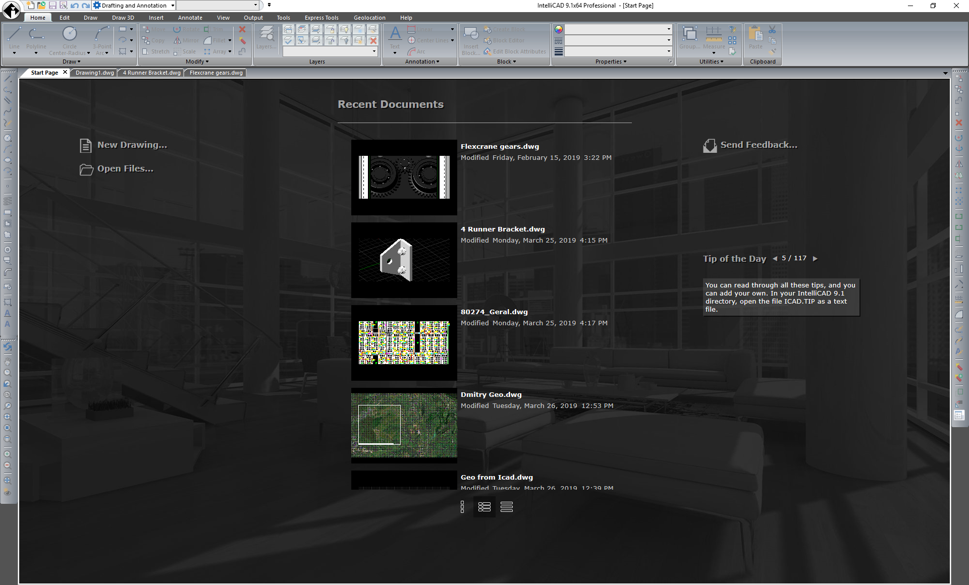 IntelliCAD 9.1 Start Screen